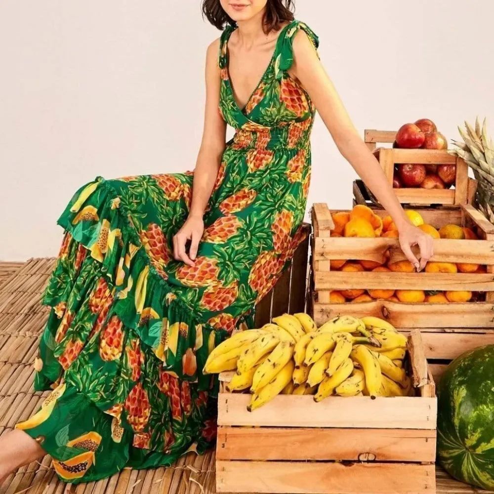 NWT FARM RIO Pineapple Galore Smocked Waist Maxi Dress L - Picture 11 of 11